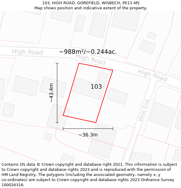 103, HIGH ROAD, GOREFIELD, WISBECH, PE13 4PJ: Plot and title map