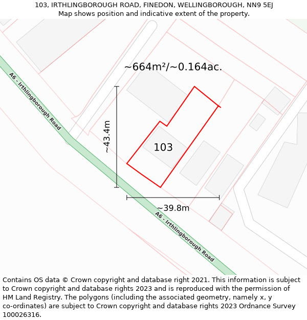 103, IRTHLINGBOROUGH ROAD, FINEDON, WELLINGBOROUGH, NN9 5EJ: Plot and title map