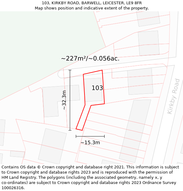 103, KIRKBY ROAD, BARWELL, LEICESTER, LE9 8FR: Plot and title map