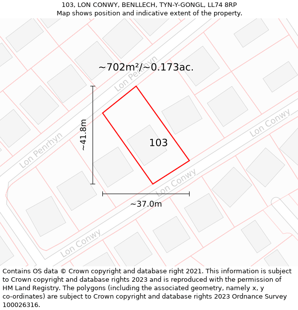 103, LON CONWY, BENLLECH, TYN-Y-GONGL, LL74 8RP: Plot and title map