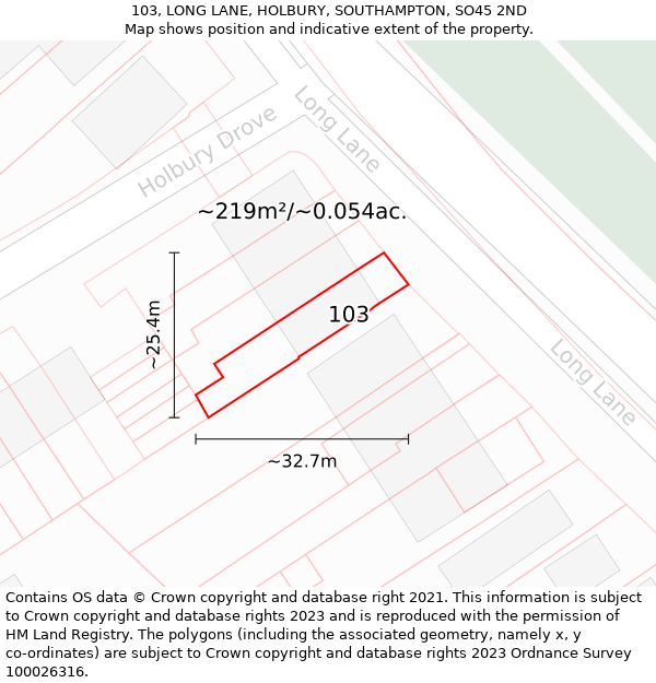 103, LONG LANE, HOLBURY, SOUTHAMPTON, SO45 2ND: Plot and title map