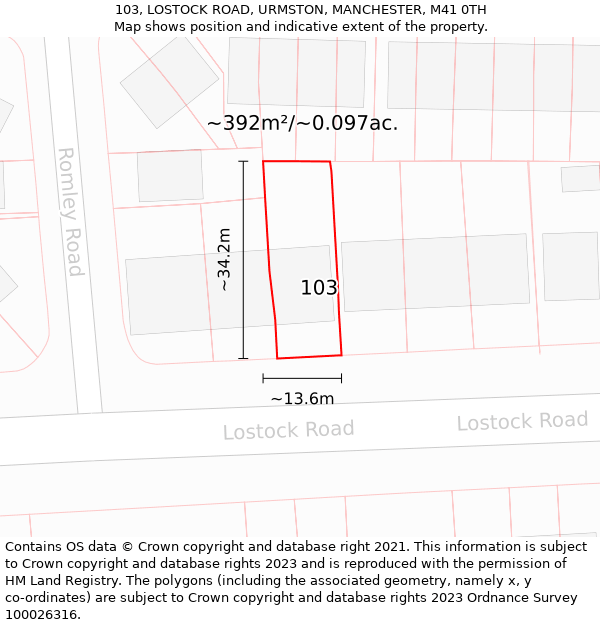 103, LOSTOCK ROAD, URMSTON, MANCHESTER, M41 0TH: Plot and title map