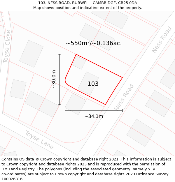 103, NESS ROAD, BURWELL, CAMBRIDGE, CB25 0DA: Plot and title map