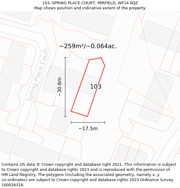 103, SPRING PLACE COURT, MIRFIELD, WF14 0QZ: Plot and title map