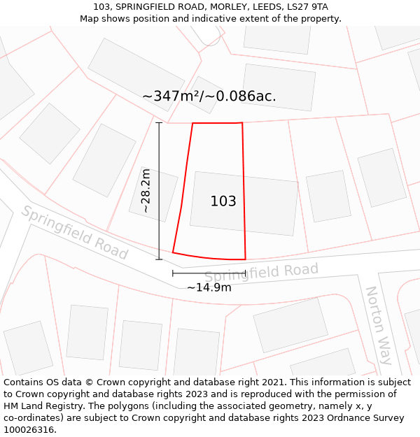 103, SPRINGFIELD ROAD, MORLEY, LEEDS, LS27 9TA: Plot and title map