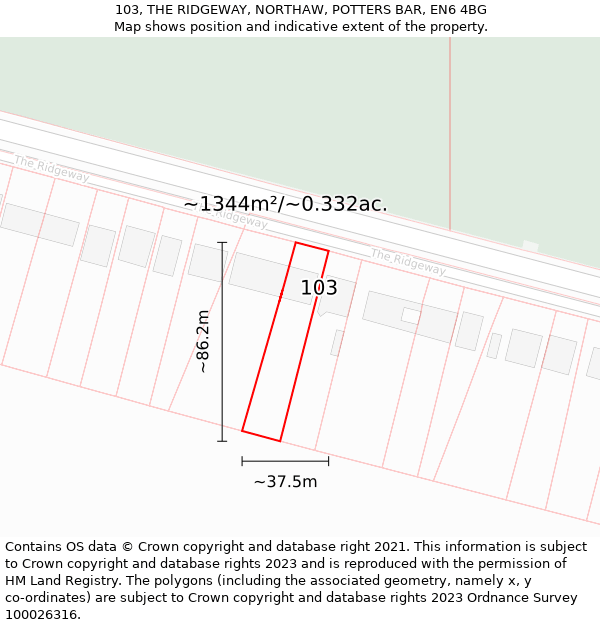 103, THE RIDGEWAY, NORTHAW, POTTERS BAR, EN6 4BG: Plot and title map