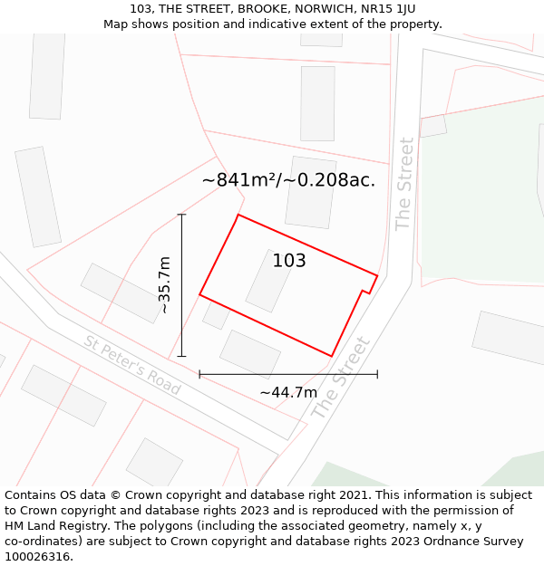 103, THE STREET, BROOKE, NORWICH, NR15 1JU: Plot and title map