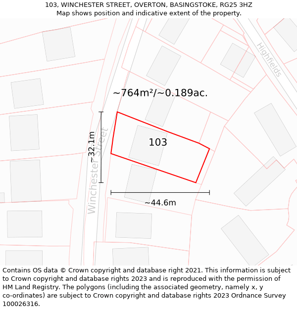 103, WINCHESTER STREET, OVERTON, BASINGSTOKE, RG25 3HZ: Plot and title map