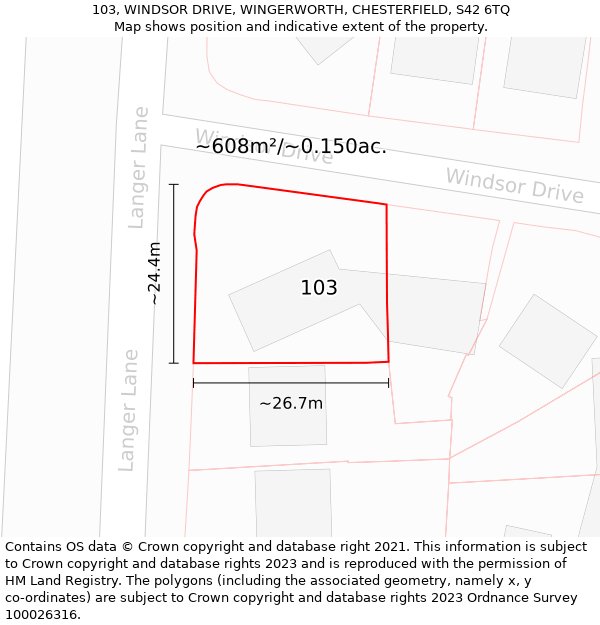 103, WINDSOR DRIVE, WINGERWORTH, CHESTERFIELD, S42 6TQ: Plot and title map