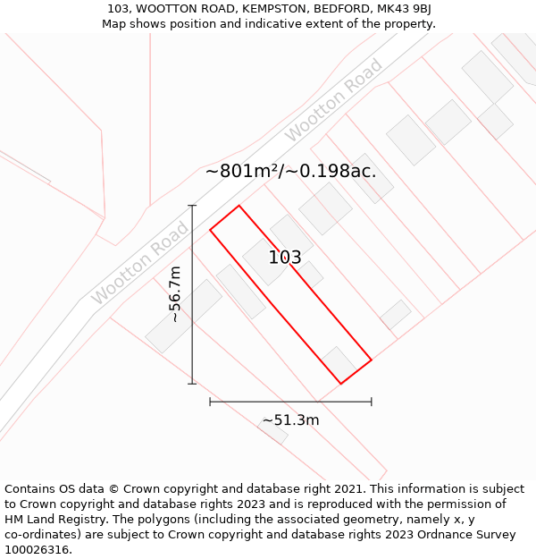 103, WOOTTON ROAD, KEMPSTON, BEDFORD, MK43 9BJ: Plot and title map