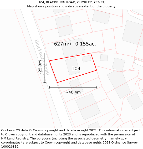 104, BLACKBURN ROAD, CHORLEY, PR6 8TJ: Plot and title map