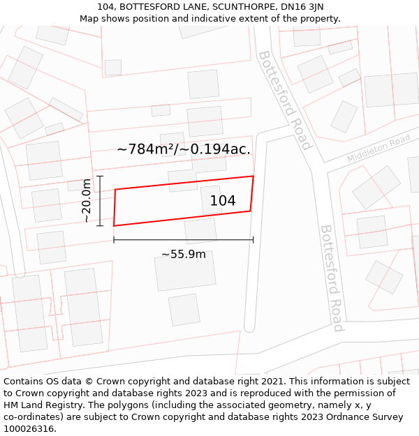 104, BOTTESFORD LANE, SCUNTHORPE, DN16 3JN: Plot and title map