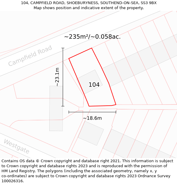 104, CAMPFIELD ROAD, SHOEBURYNESS, SOUTHEND-ON-SEA, SS3 9BX: Plot and title map