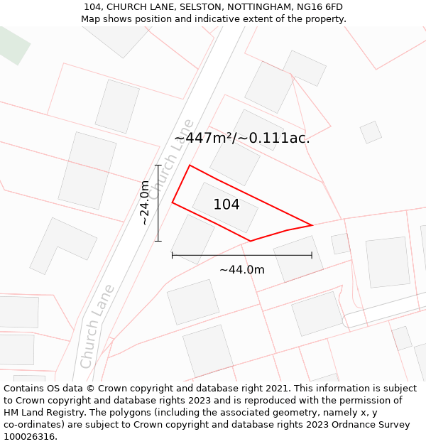 104, CHURCH LANE, SELSTON, NOTTINGHAM, NG16 6FD: Plot and title map