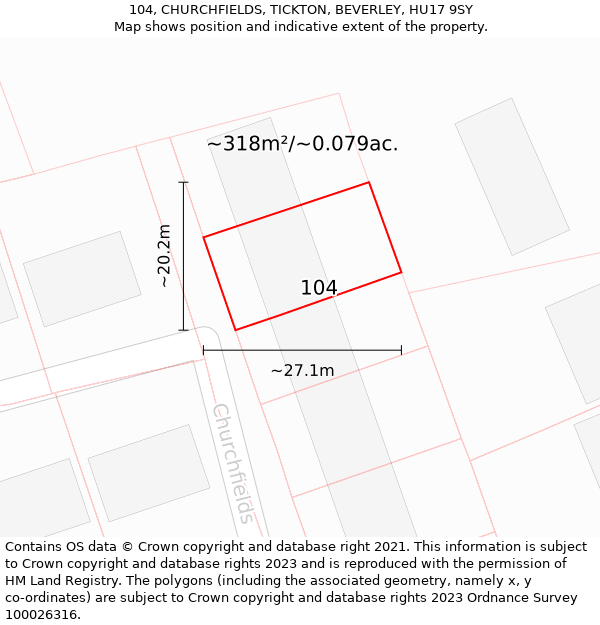 104, CHURCHFIELDS, TICKTON, BEVERLEY, HU17 9SY: Plot and title map