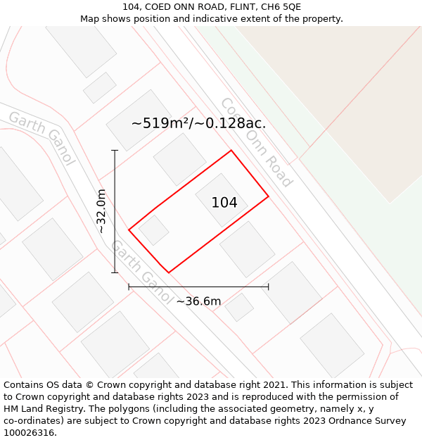 104, COED ONN ROAD, FLINT, CH6 5QE: Plot and title map