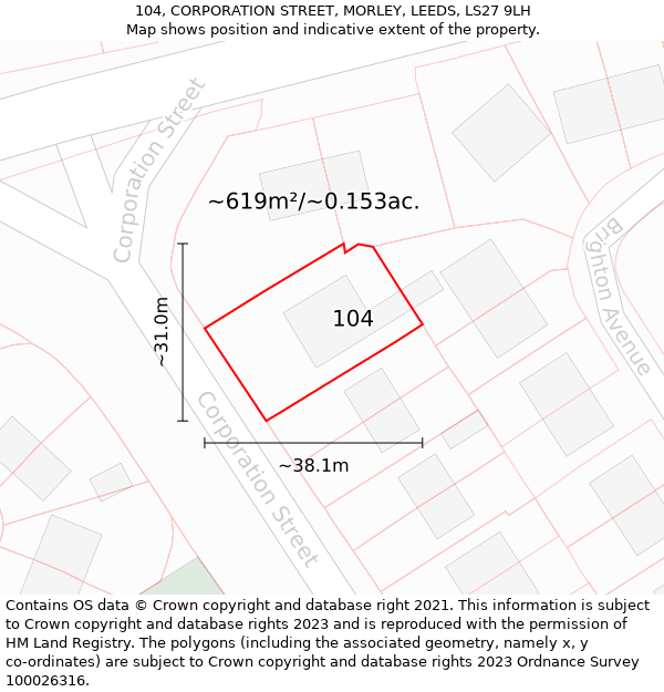 104, CORPORATION STREET, MORLEY, LEEDS, LS27 9LH: Plot and title map