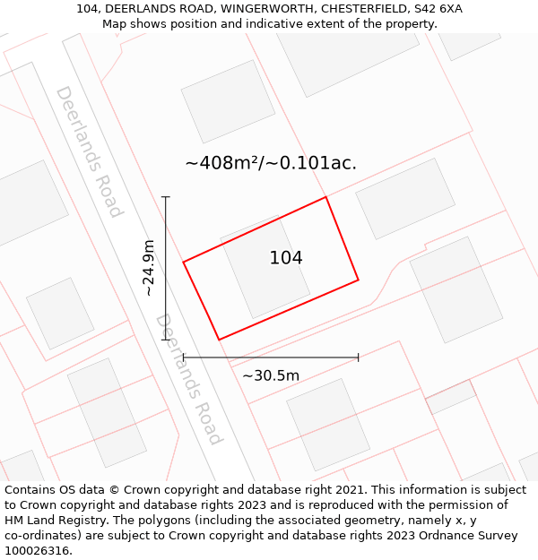 104, DEERLANDS ROAD, WINGERWORTH, CHESTERFIELD, S42 6XA: Plot and title map