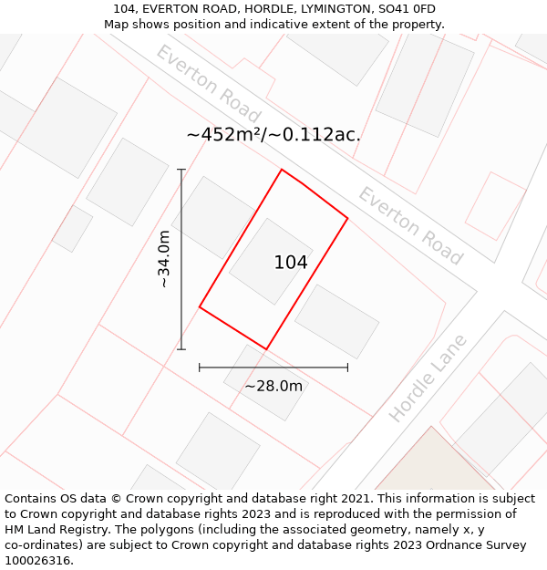 104, EVERTON ROAD, HORDLE, LYMINGTON, SO41 0FD: Plot and title map