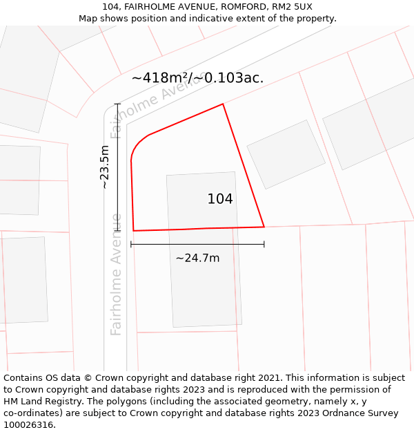 104, FAIRHOLME AVENUE, ROMFORD, RM2 5UX: Plot and title map