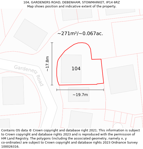 104, GARDENERS ROAD, DEBENHAM, STOWMARKET, IP14 6RZ: Plot and title map