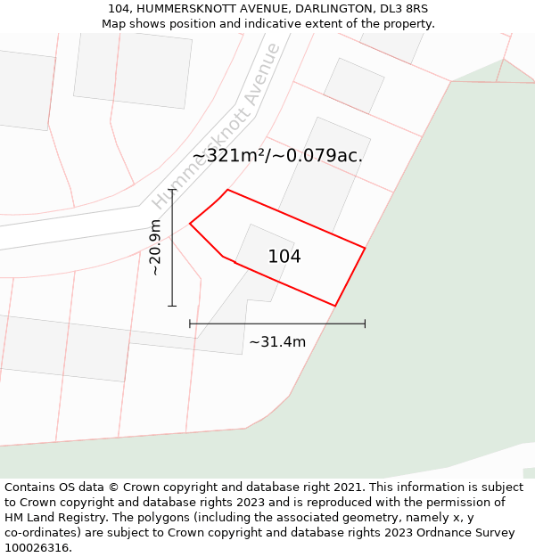 104, HUMMERSKNOTT AVENUE, DARLINGTON, DL3 8RS: Plot and title map