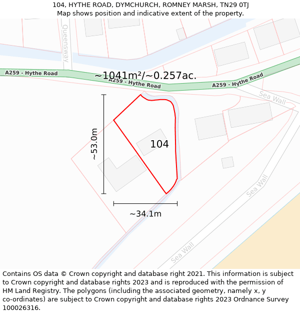 104, HYTHE ROAD, DYMCHURCH, ROMNEY MARSH, TN29 0TJ: Plot and title map