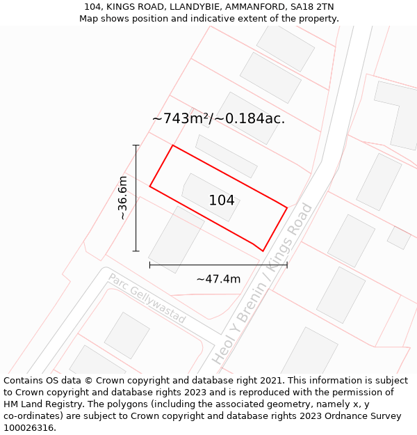 104, KINGS ROAD, LLANDYBIE, AMMANFORD, SA18 2TN: Plot and title map