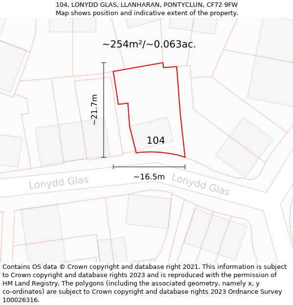 104, LONYDD GLAS, LLANHARAN, PONTYCLUN, CF72 9FW: Plot and title map