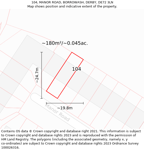 104, MANOR ROAD, BORROWASH, DERBY, DE72 3LN: Plot and title map