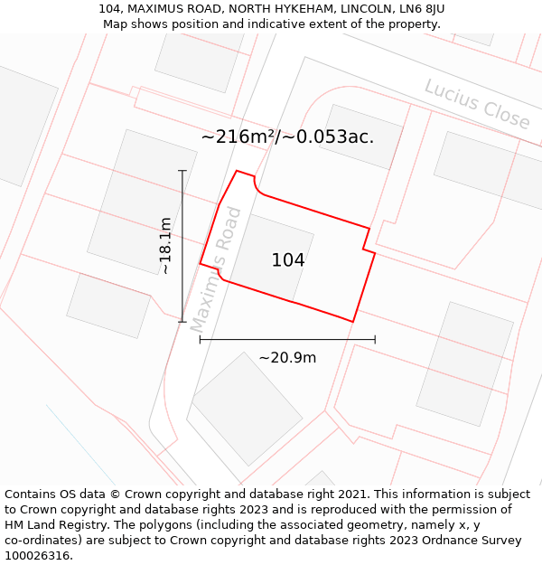 104, MAXIMUS ROAD, NORTH HYKEHAM, LINCOLN, LN6 8JU: Plot and title map