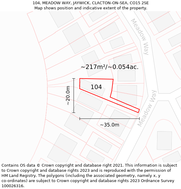 104, MEADOW WAY, JAYWICK, CLACTON-ON-SEA, CO15 2SE: Plot and title map