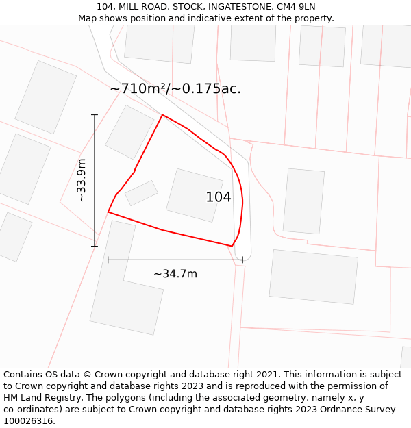 104, MILL ROAD, STOCK, INGATESTONE, CM4 9LN: Plot and title map