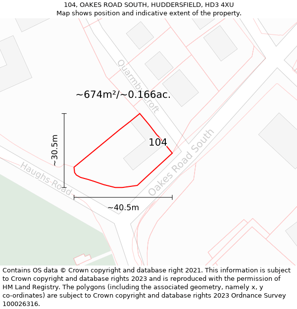 104, OAKES ROAD SOUTH, HUDDERSFIELD, HD3 4XU: Plot and title map