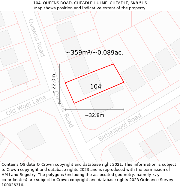 104, QUEENS ROAD, CHEADLE HULME, CHEADLE, SK8 5HS: Plot and title map