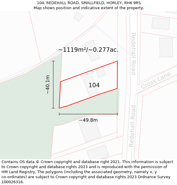 104, REDEHALL ROAD, SMALLFIELD, HORLEY, RH6 9RS: Plot and title map