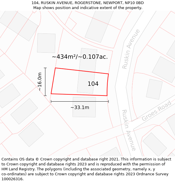 104, RUSKIN AVENUE, ROGERSTONE, NEWPORT, NP10 0BD: Plot and title map