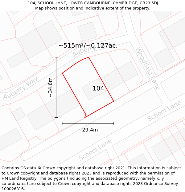 104, SCHOOL LANE, LOWER CAMBOURNE, CAMBRIDGE, CB23 5DJ: Plot and title map