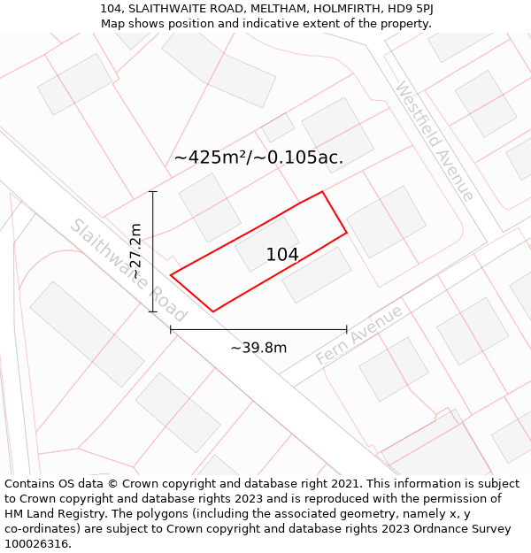 104, SLAITHWAITE ROAD, MELTHAM, HOLMFIRTH, HD9 5PJ: Plot and title map