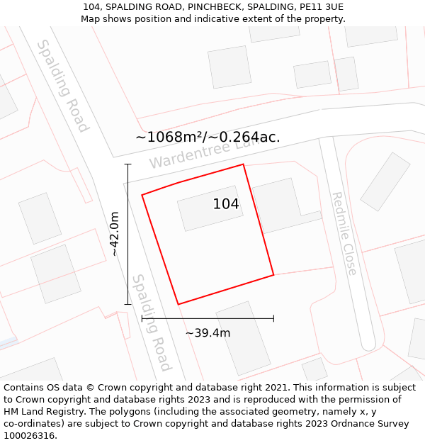 104, SPALDING ROAD, PINCHBECK, SPALDING, PE11 3UE: Plot and title map