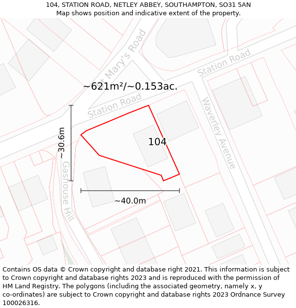 104, STATION ROAD, NETLEY ABBEY, SOUTHAMPTON, SO31 5AN: Plot and title map