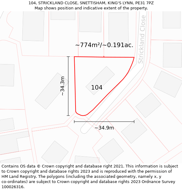 104, STRICKLAND CLOSE, SNETTISHAM, KING'S LYNN, PE31 7PZ: Plot and title map