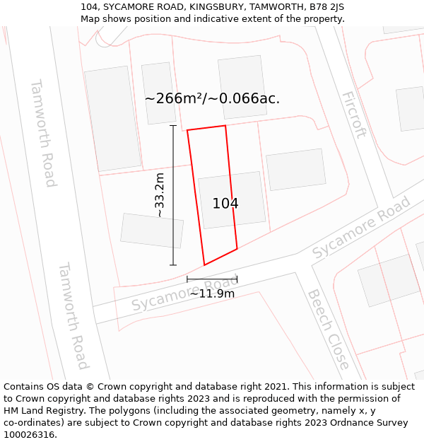 104, SYCAMORE ROAD, KINGSBURY, TAMWORTH, B78 2JS: Plot and title map