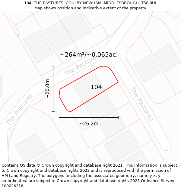 104, THE PASTURES, COULBY NEWHAM, MIDDLESBROUGH, TS8 0UL: Plot and title map