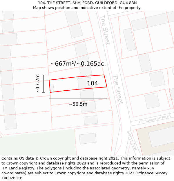 104, THE STREET, SHALFORD, GUILDFORD, GU4 8BN: Plot and title map