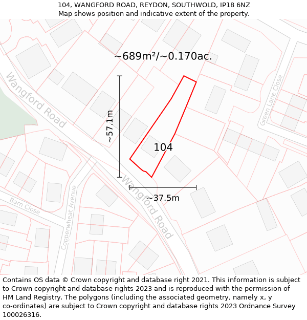 104, WANGFORD ROAD, REYDON, SOUTHWOLD, IP18 6NZ: Plot and title map