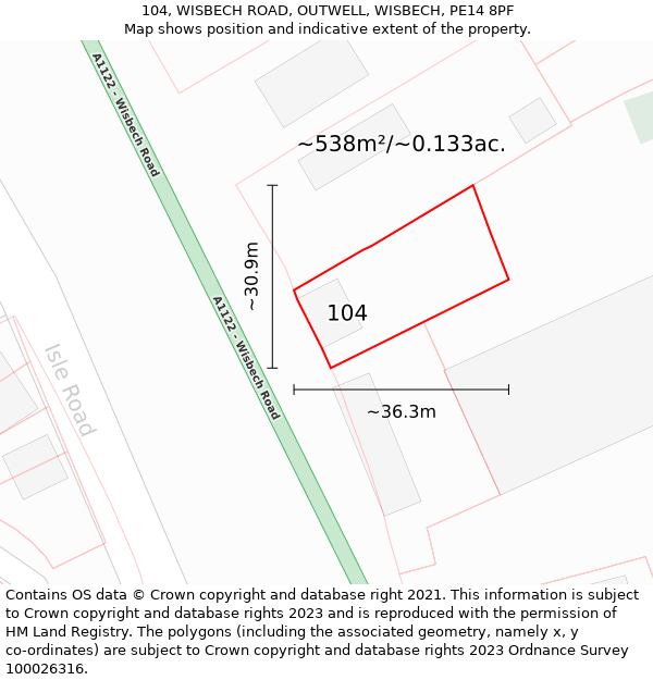 104, WISBECH ROAD, OUTWELL, WISBECH, PE14 8PF: Plot and title map