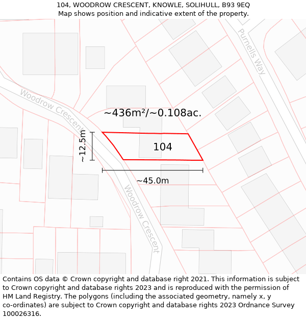 104, WOODROW CRESCENT, KNOWLE, SOLIHULL, B93 9EQ: Plot and title map