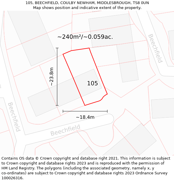 105, BEECHFIELD, COULBY NEWHAM, MIDDLESBROUGH, TS8 0UN: Plot and title map