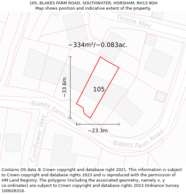 105, BLAKES FARM ROAD, SOUTHWATER, HORSHAM, RH13 9GH: Plot and title map